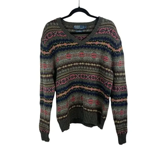 Polo Ralph Lauren Lambswool Alpaca Jacquard Fair Isle V Neck Sweater Green VTG L - Picture 2 of 9